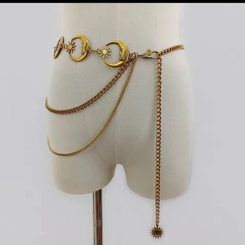 Celestial Crescent Moon & Star layered multi cascade‎ Chain Belt Boho western